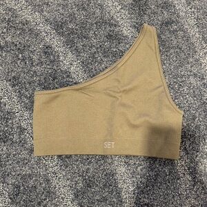 Taupe set active one shoulder sports bra.